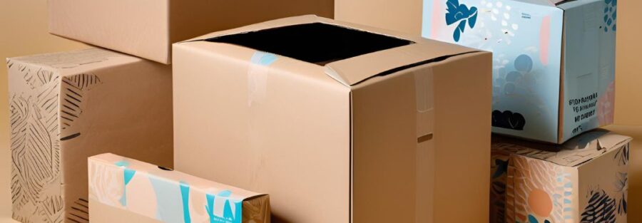 Varias cajas de cartón de diferentes tamaños apiladas ordenadamente, listas para su envío en un entorno de comercio electrónico. Las cajas presentan etiquetas y códigos de barras, destacando la eficiencia y organización en el proceso de empaque y distribución de productos.