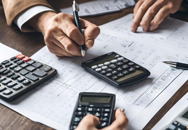 Personas calculando costos de packaging de cartón con calculadoras y documentos en una mesa.