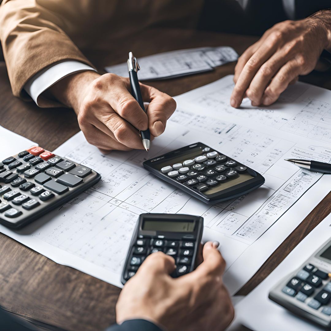 Personas calculando costos de packaging de cartón con calculadoras y documentos en una mesa.