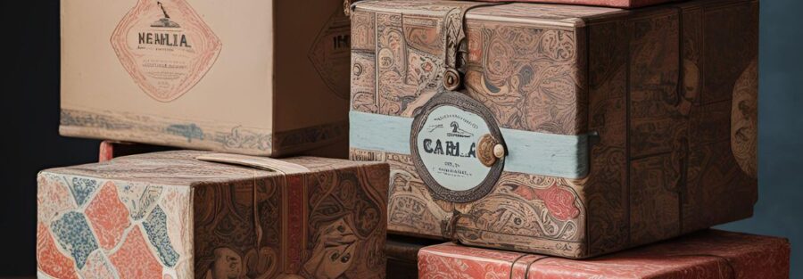 Varias cajas de cartón con diseño vintage, decoradas con etiquetas y patrones retro, mostrando la tendencia de packaging nostálgico.