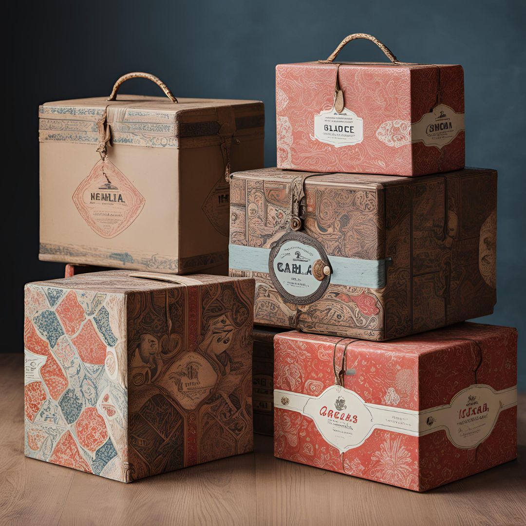 Varias cajas de cartón con diseño vintage, decoradas con etiquetas y patrones retro, mostrando la tendencia de packaging nostálgico.