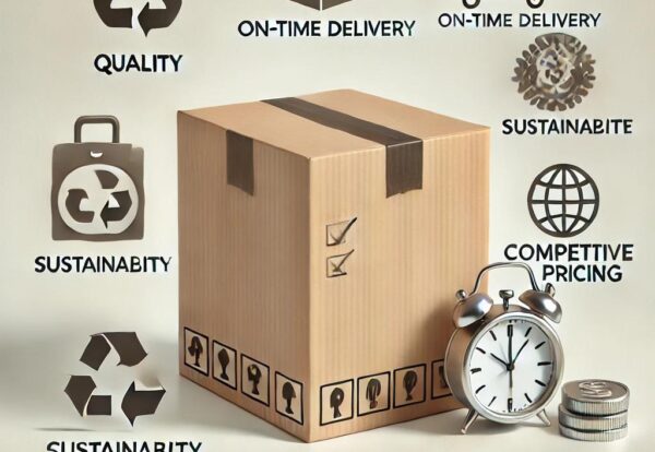 Imagen de una caja de cartón personalizado de alta calidad con iconos de sostenibilidad, reloj de puntualidad y moneda de precios competitivos.