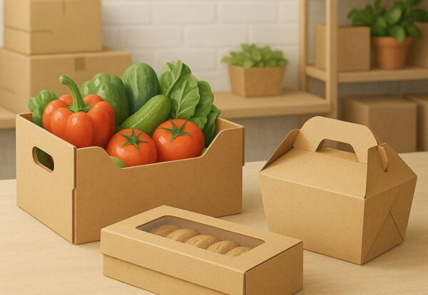 Cajas de cartón para alimentación: frutas, galletas y comida para llevar en packaging sostenible.