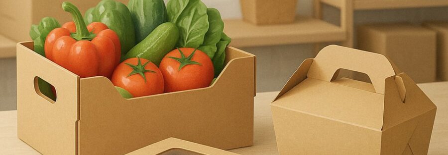 Cajas de cartón para alimentación: frutas, galletas y comida para llevar en packaging sostenible.