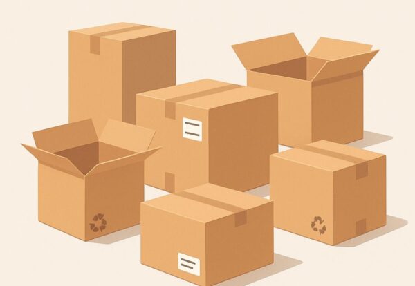 Ilustración minimalista de varias cajas de cartón abiertas y cerradas, con etiquetas de envío y símbolos de reciclaje, ideal para e-commerce y packaging sostenible.