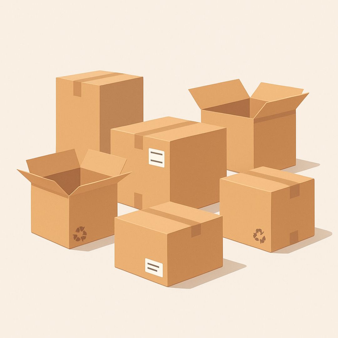 Ilustración minimalista de varias cajas de cartón abiertas y cerradas, con etiquetas de envío y símbolos de reciclaje, ideal para e-commerce y packaging sostenible.