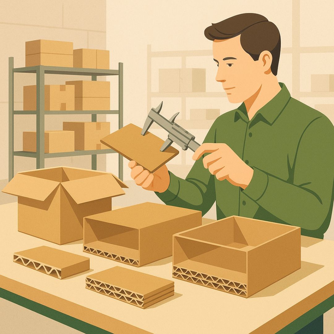 Vista de cajas de cartón con diferentes grosores y ondas (simple, doble y triple) utilizadas en packaging resistente y sostenible.